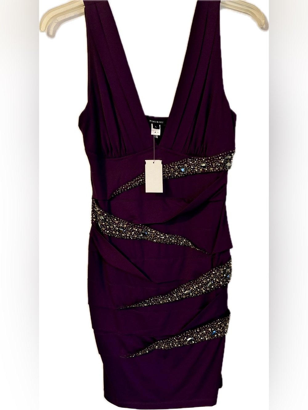 Party Dress NIKIBIKI Deep Plum Embellished V-Neck Bodycon Dress Size L NWT